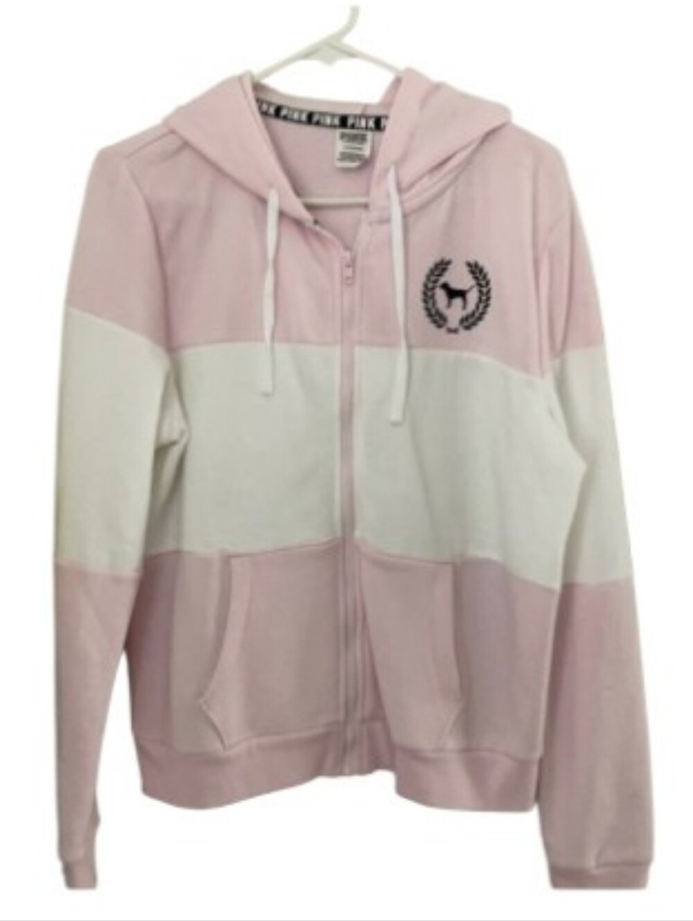 PINK VS Pink & White Striped Colorblock Zip Hoodie With Blk Pink Logo